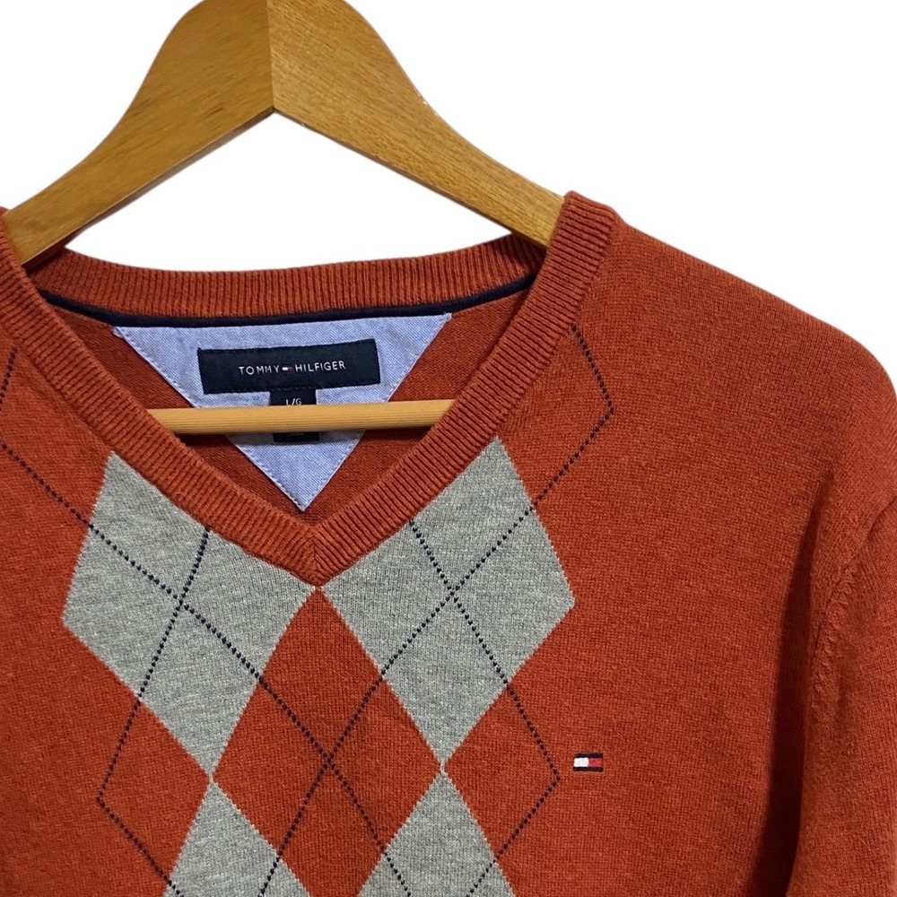 Tommy Hilfiger Argyle V-Neck Sweater Burnt Orange Cotton Preppy Academia Golf L